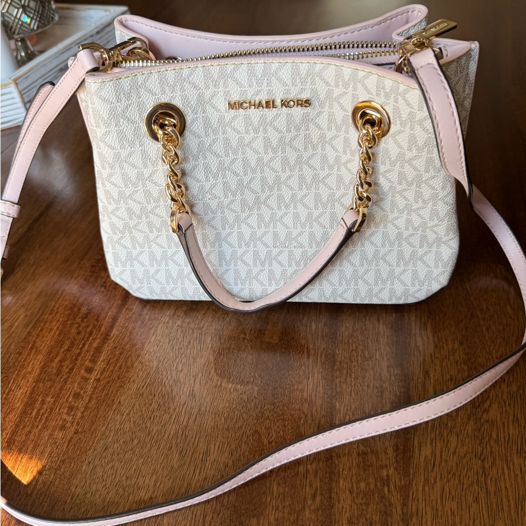 Michael Kors Cream And Pink Crossbody Bag With Gold Accents